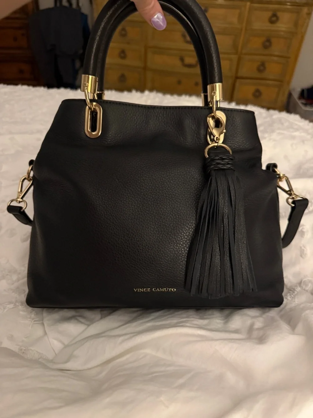 Vince Camuto Black Pebbled Leather Satchel with Tassel